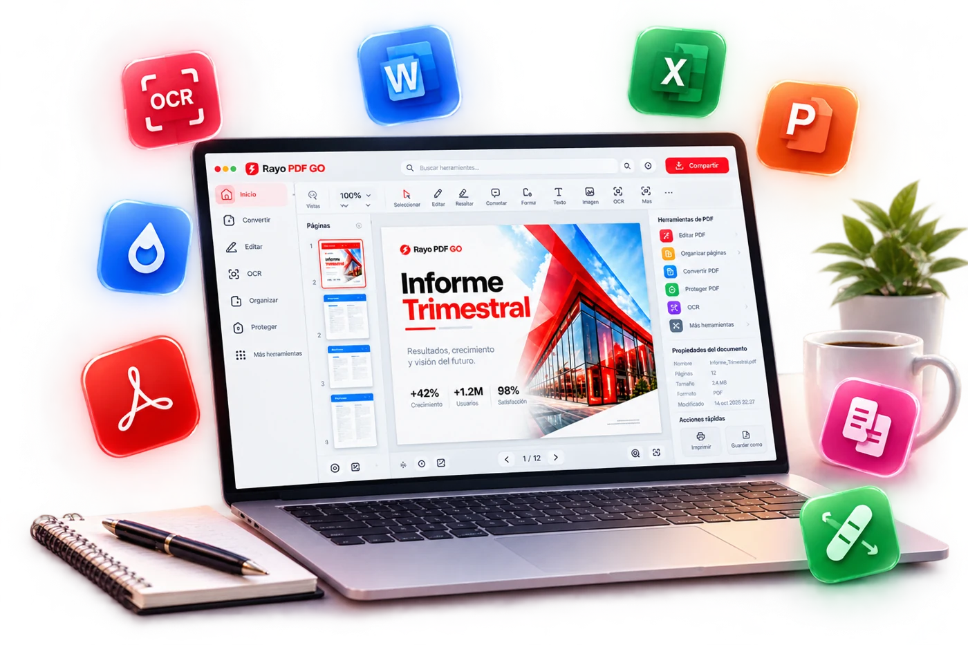 Rayo PDF GO en un portátil con las herramientas Premium flotando alrededor