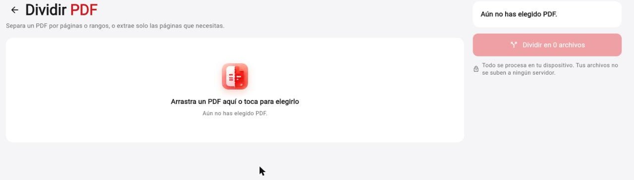 Pantalla de Dividir PDF en Rayo PDF GO