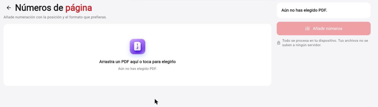 Pantalla de Números de página en Rayo PDF GO