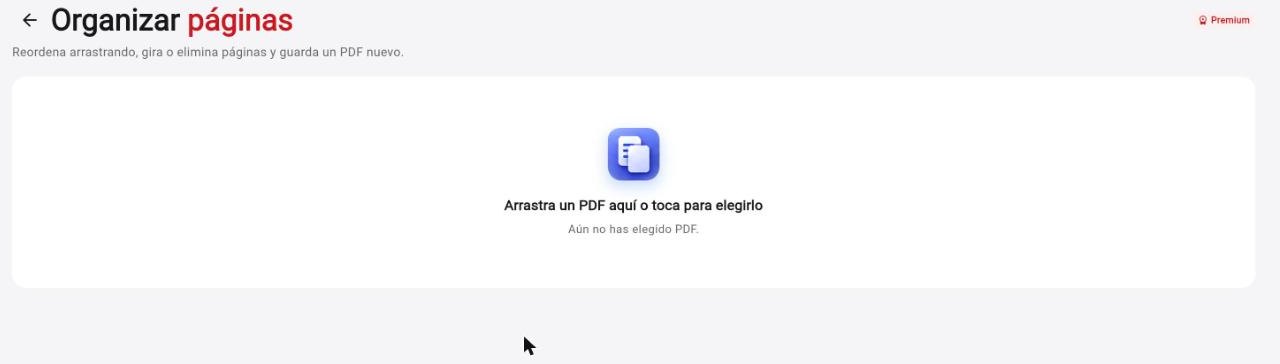 Pantalla de Organizar páginas en Rayo PDF GO