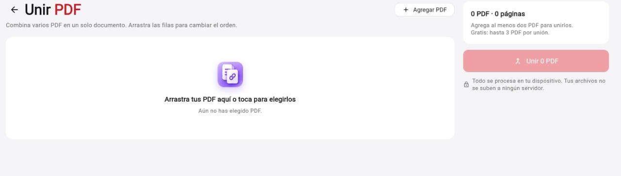 Pantalla de Unir PDF en Rayo PDF GO